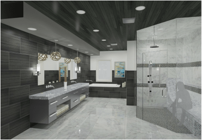 3D Design Bath A few of the age-in-place features include barrier free shower for easy access, LED lighting for brightness, and pendant/accent lighting for style.